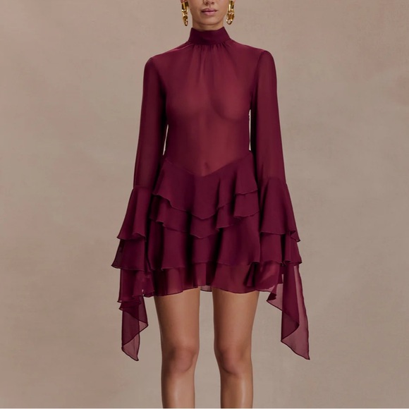 Meshki Dresses & Skirts - Meshki Burgundy Long Sleeve Ruffle Dress